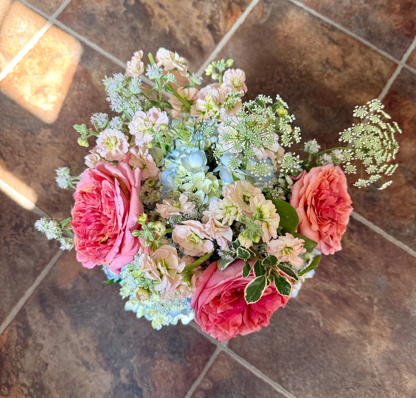 Large Blue Hydrangea & Pink Garden Rose Arrangement