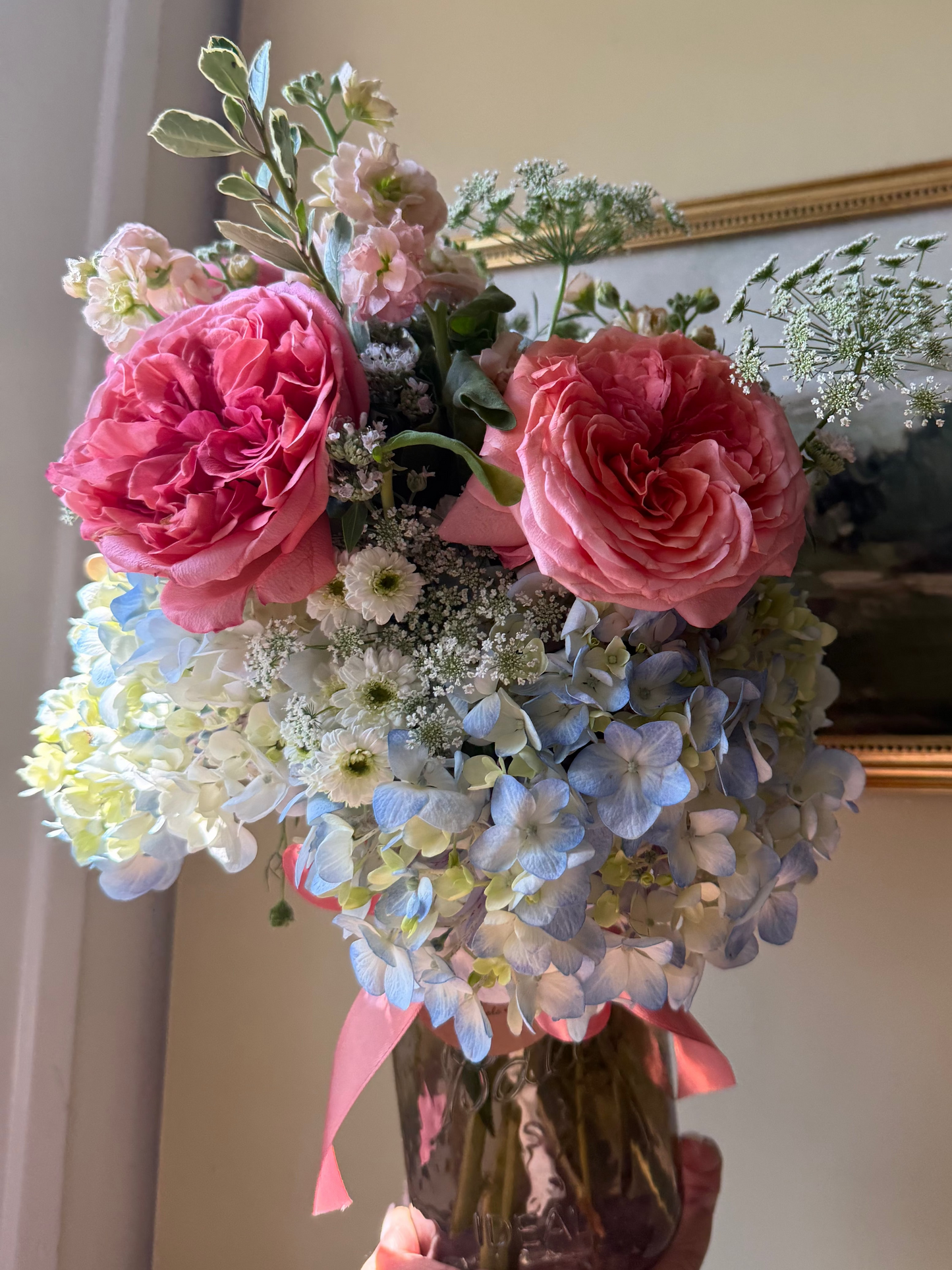 Large Blue Hydrangea & Pink Garden Rose Arrangement