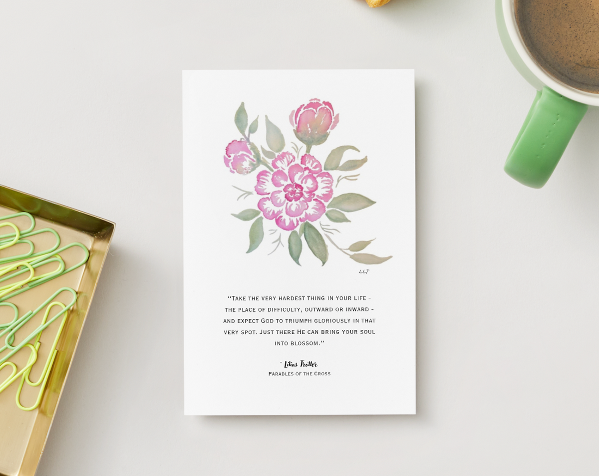Flat Card: Peonies & Lilias Trotter Quote